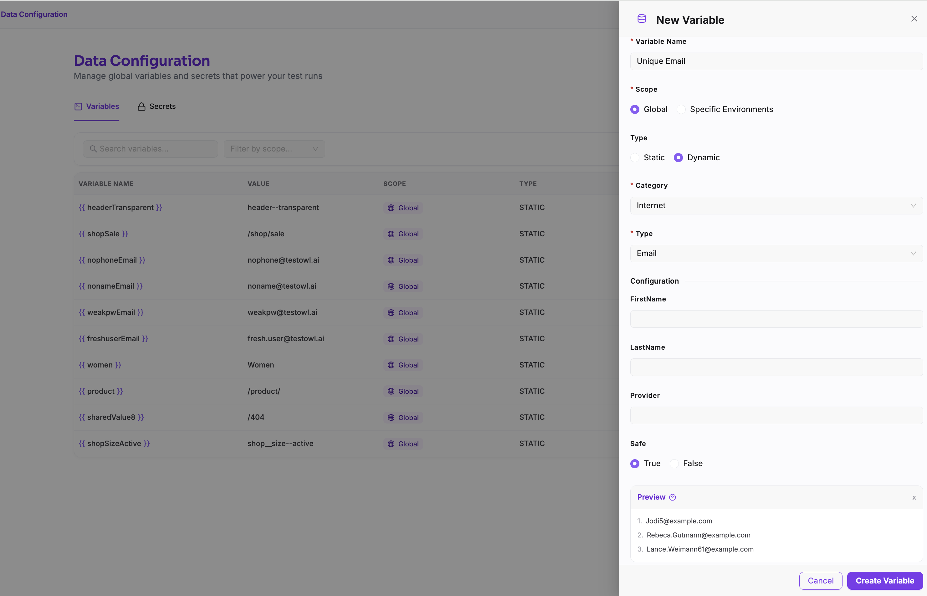 Create Test Data Variable